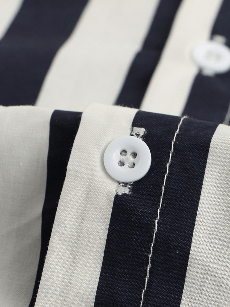 Mens White and Blue Stripe Turn down Collar Long Sleeve Shirts - MRSLM