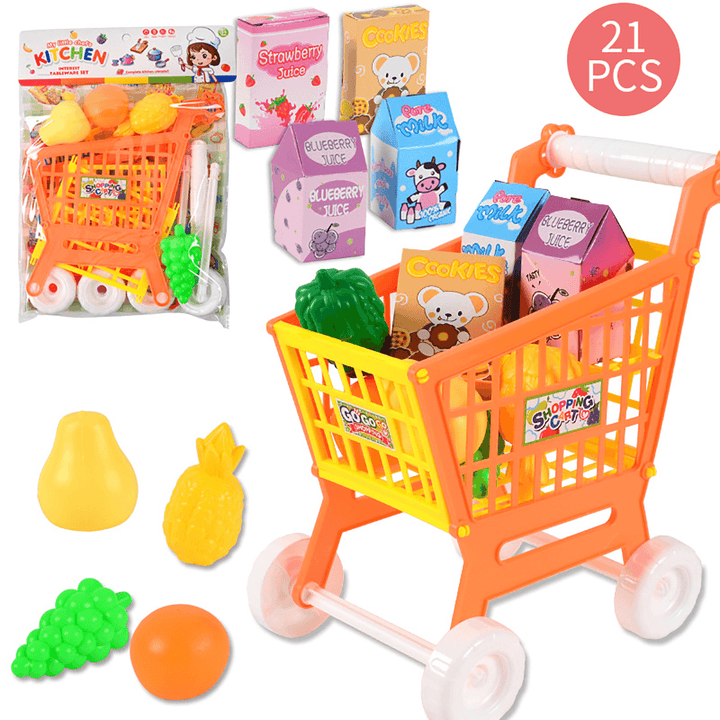 21Pcs/Set Toy Shopping Cart Pretend Supermarket Food Items Children Educational Play Toy for Ages 3 and Up - MRSLM