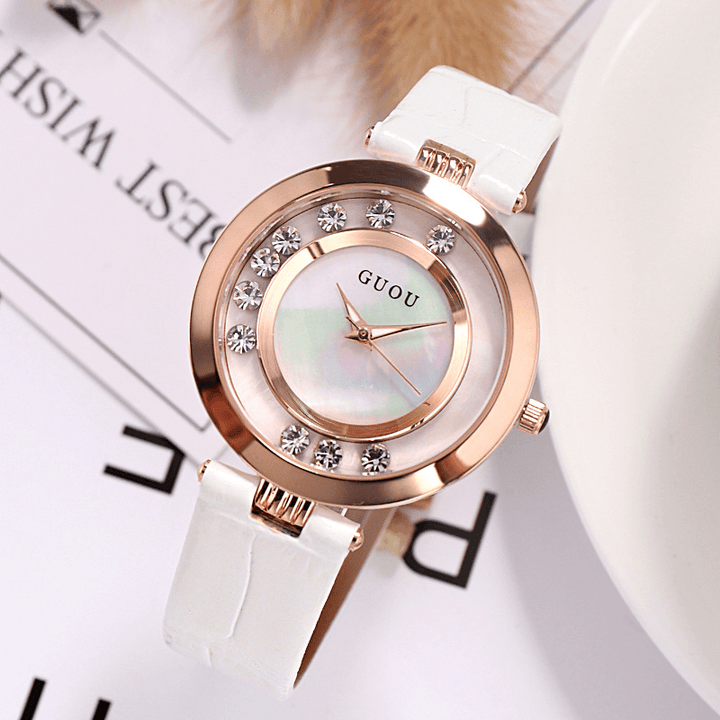 GUOU 8039 Fashion Women Watch Light Luxury Full Steel Glitter Diamond Leather Strap Female Quartz Watch - MRSLM