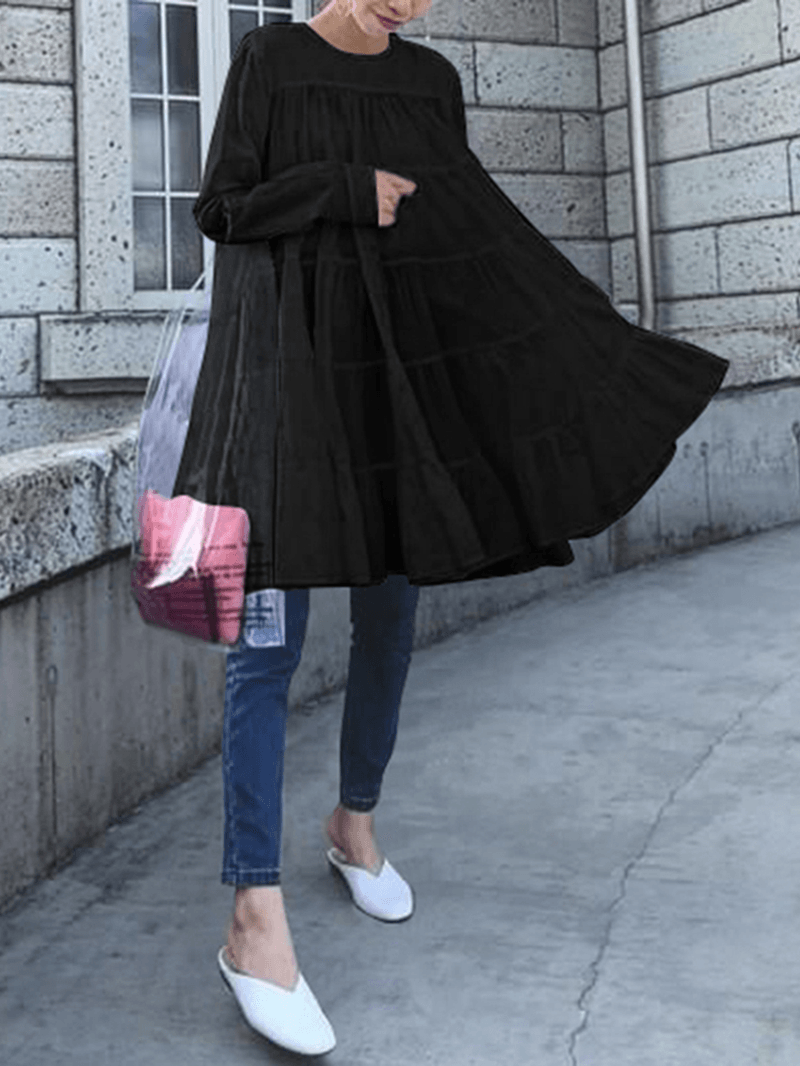Solid Color O-Neck Long Sleeve Pleated Loose Casual Blouse for Women - MRSLM
