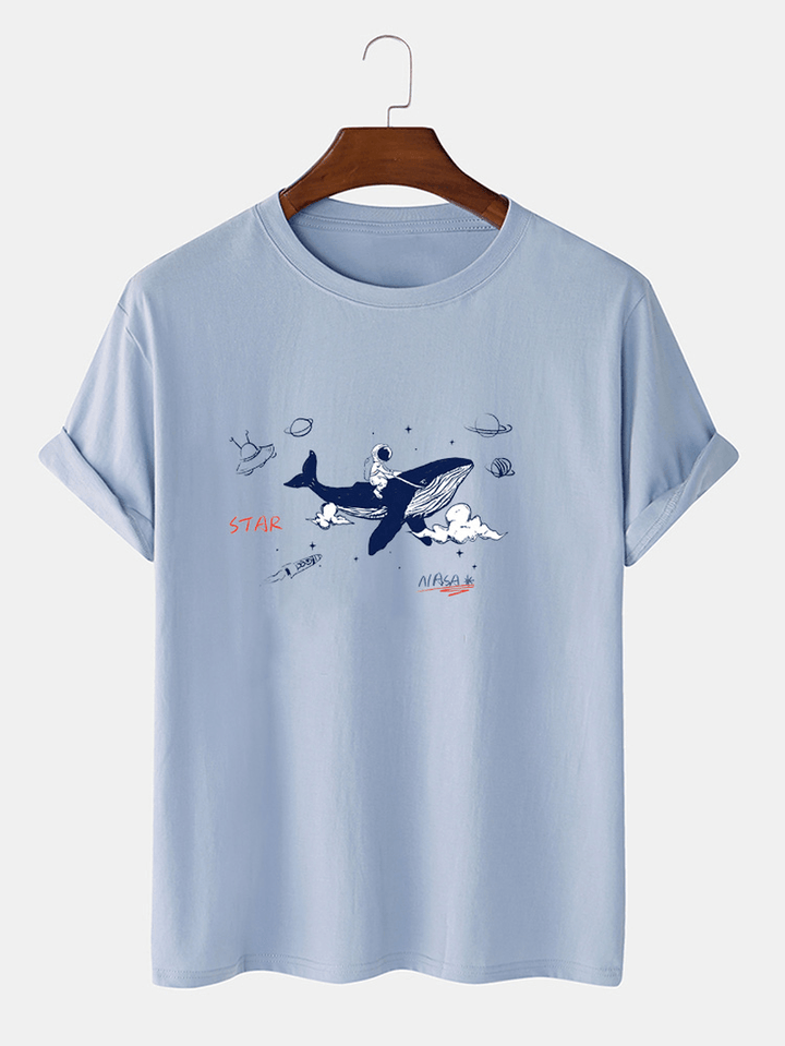 Cotton Designer Cartoon Shark & Astronaut Print Casual Short Sleeve T-Shirts - MRSLM