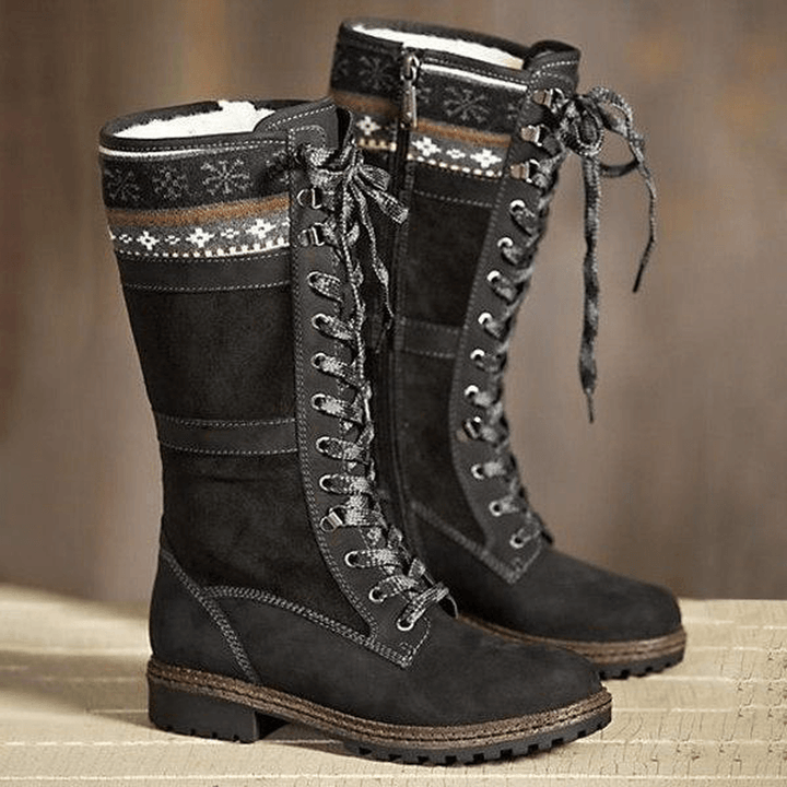 Large Size Winter Suede Warm Lace up Zipper Mid-Calf Boots - MRSLM