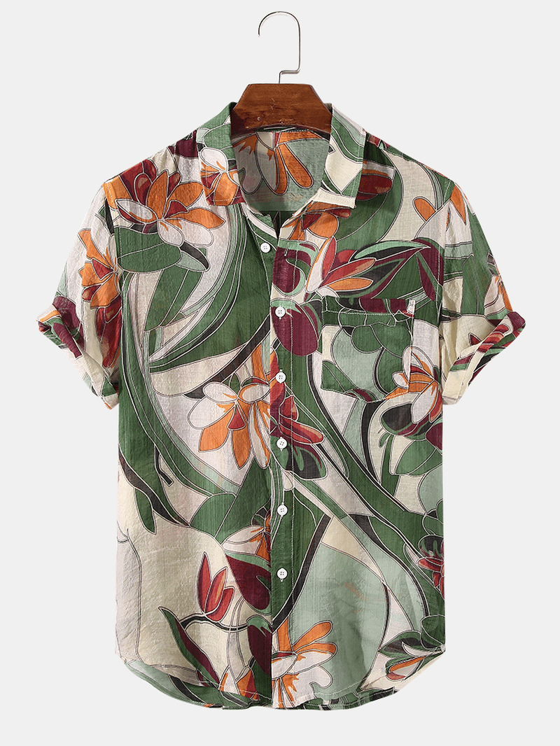 Mens Holiday Floral Plants Print Lapel Casual Short Sleeve Shirts - MRSLM