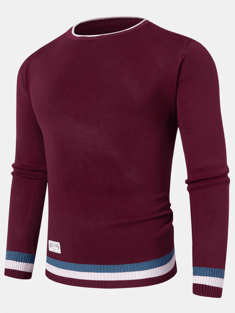 Mens Knitted Contrast Rib round Neck Long Sleeve Pullover Sweaters - MRSLM