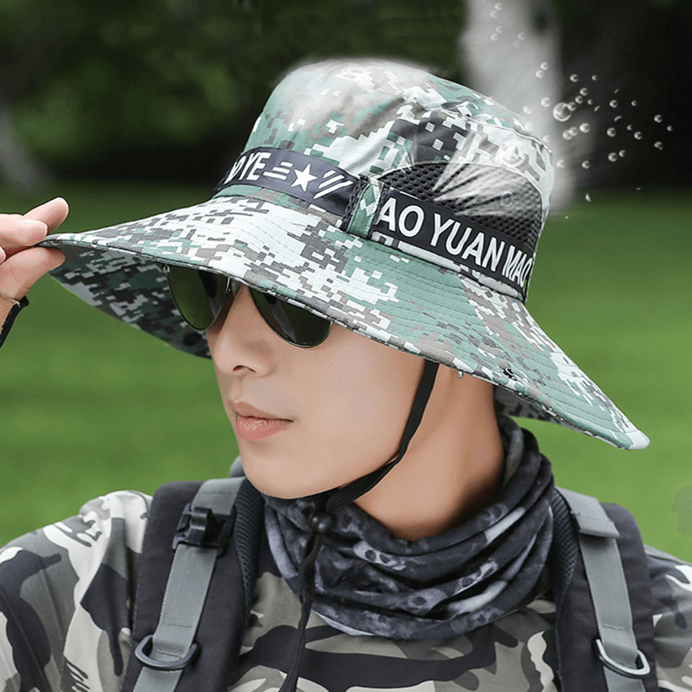 Men Camouflages Mesh Breathable Foldable Sunshade Hat Outdoor Fishing Anti-Uv Waterproof Big Brim Bucket Hat - MRSLM