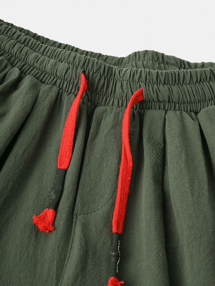 Mens Linen Solid Color Loose Drawstring Mid Waist Harm Pants - MRSLM