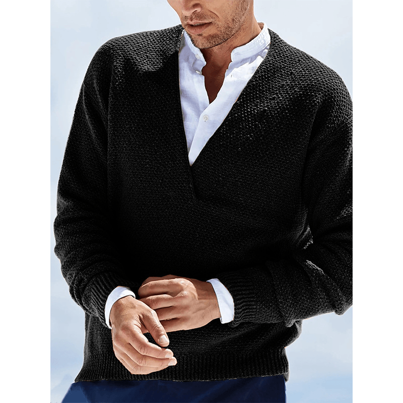 Solid Color Long-Sleeved V-Neck Knitted Men'S Sweater - MRSLM