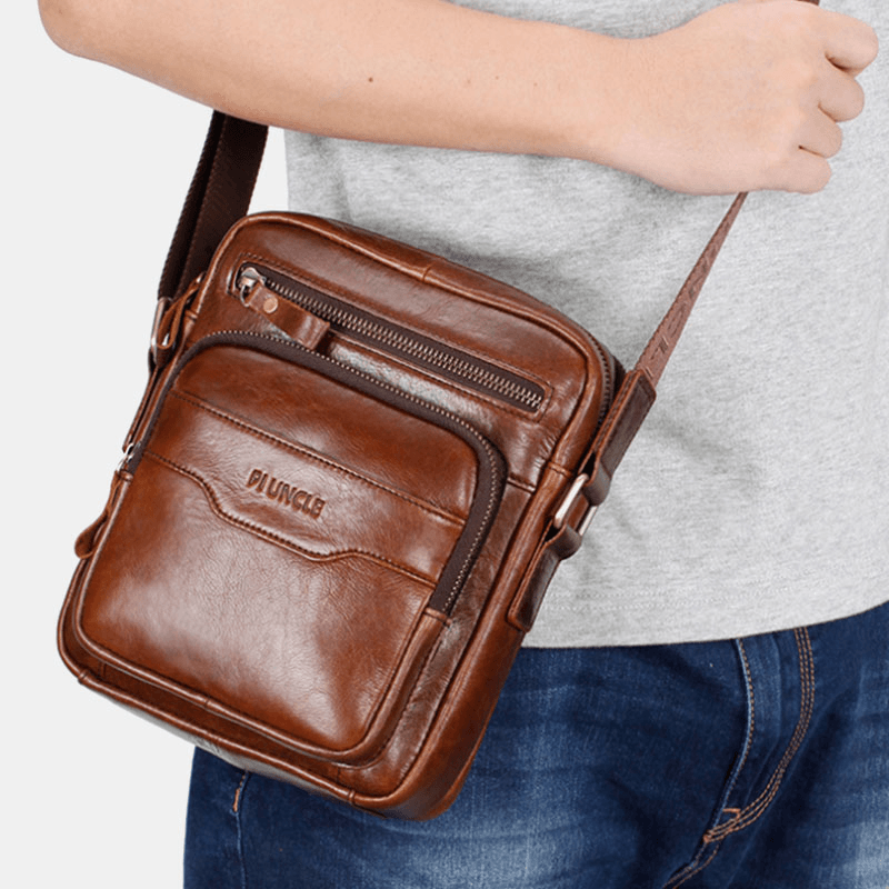 Men Genuine Leather Multi-Function Retro Wear-Resisant Large Capacity Handbag Shoulder Bag Cross Body Bag - MRSLM