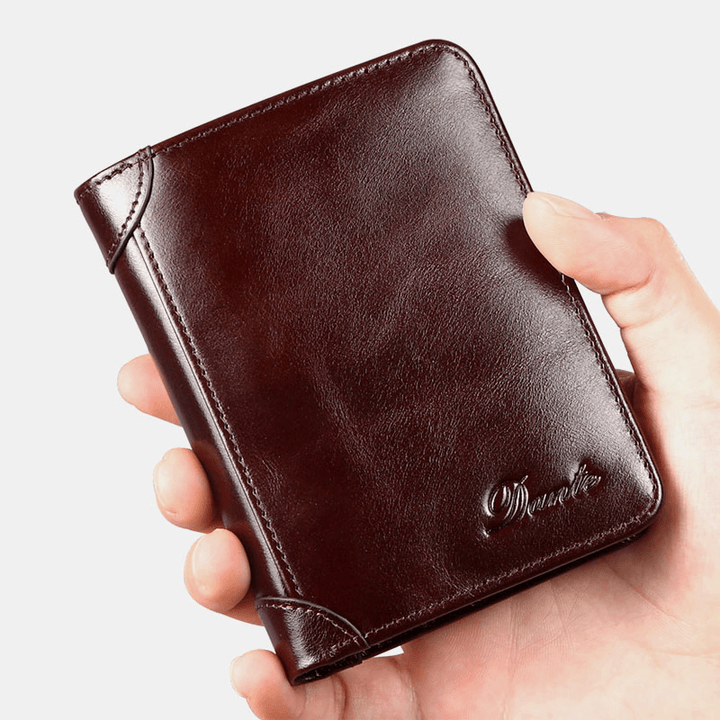 Men Genuine Leather Retro Bifold Thick RFID Anti-Theft Card Holder Coin Purse Money Clip Cowhide Wallet - MRSLM
