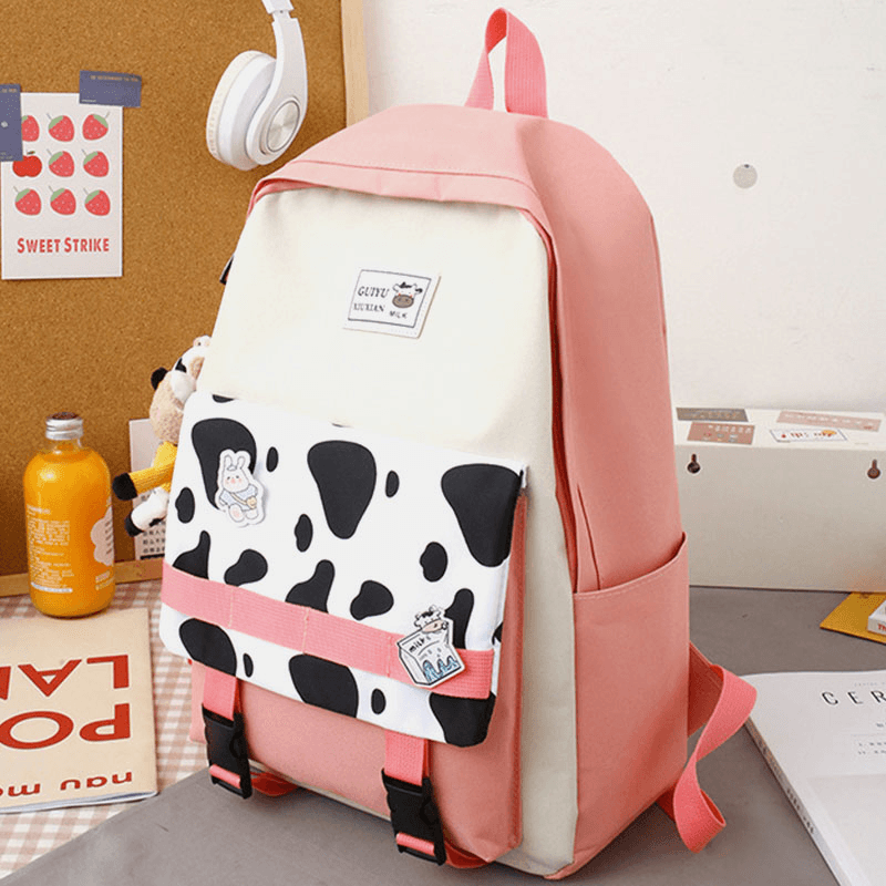 5 PCS Canvas Preppy Cow Pattern Multifunction Combination Bag Backpack Tote Crossbody Bag Clutch Wallet - MRSLM