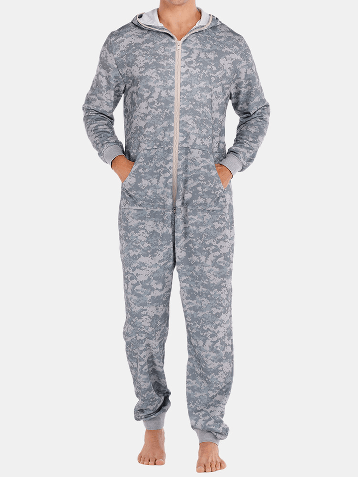 Men Gray Camo Loungewear Jumpsuit Thicken Thermal Loose Zip down Hooded Home Pajamas with Pockets - MRSLM
