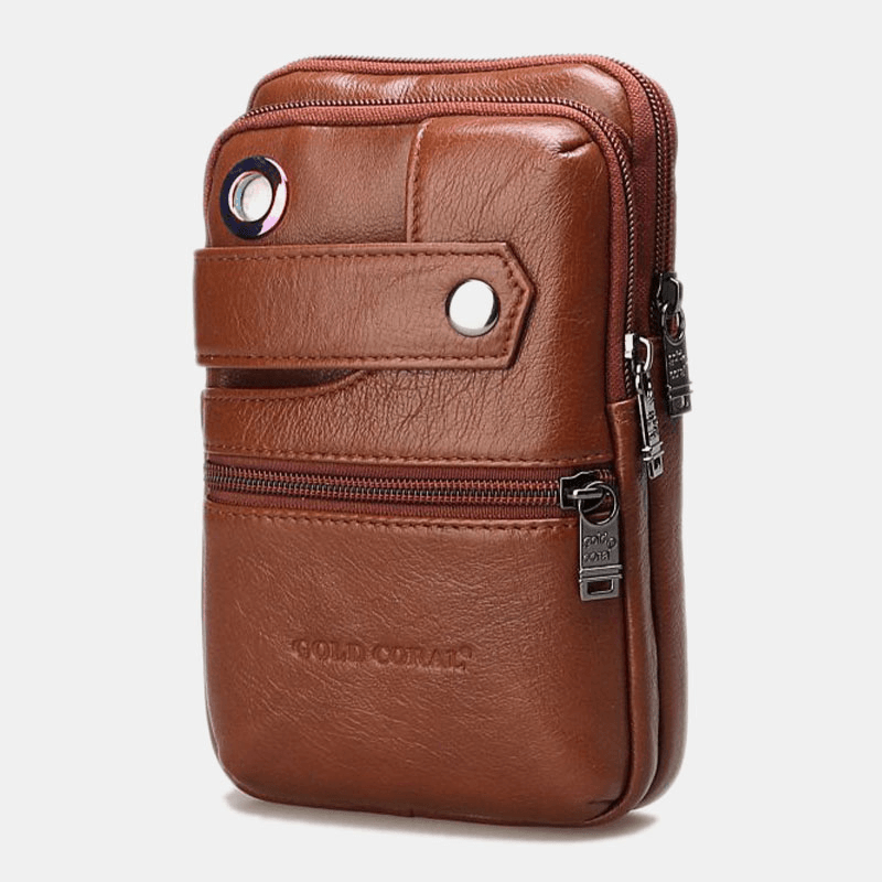 Men Genuine Leather Retro Business Double Layers 6.5 Inch Phone Bag Waist Bag with Belt Loop - MRSLM