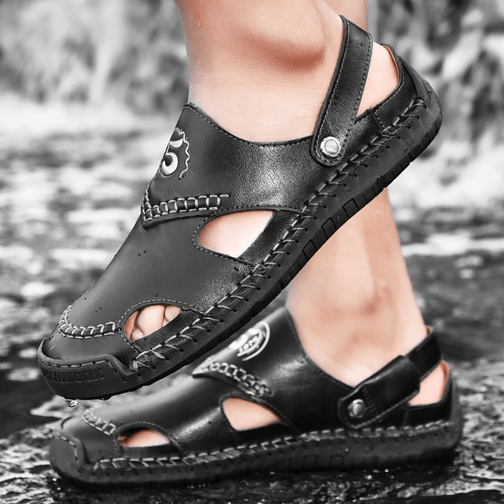 Men Cowhide Leather Breathable Hand Stitching Soft Bottom Comfy Outdoor Casual Sandals - MRSLM