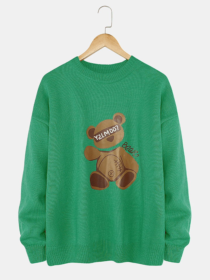 Mens Cartoon Bear Print Crew Neck Knit Casual Pullover Sweaters - MRSLM