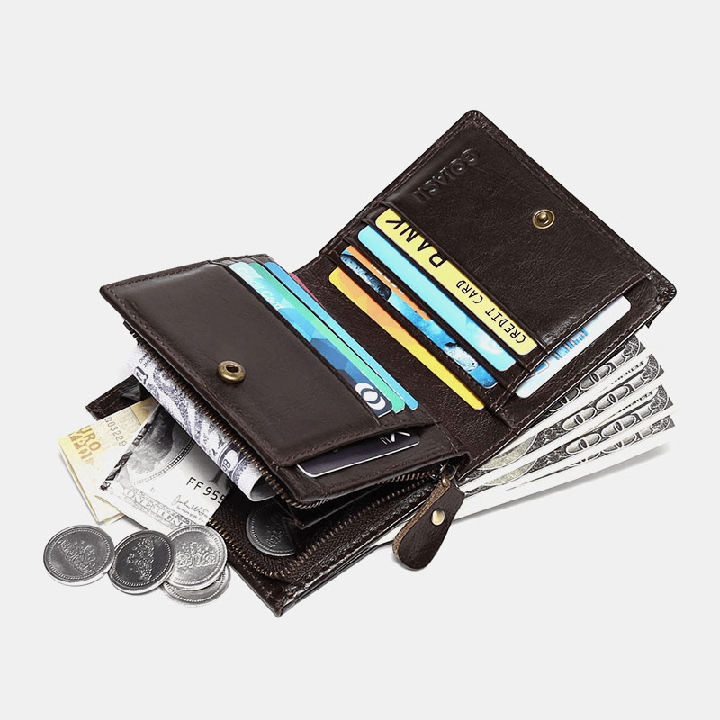 Men Genuine Leather Vintage Multi-Card Slots RFID Anti-Theft Short Money Clip Card Holder Wallet Coin Purse - MRSLM