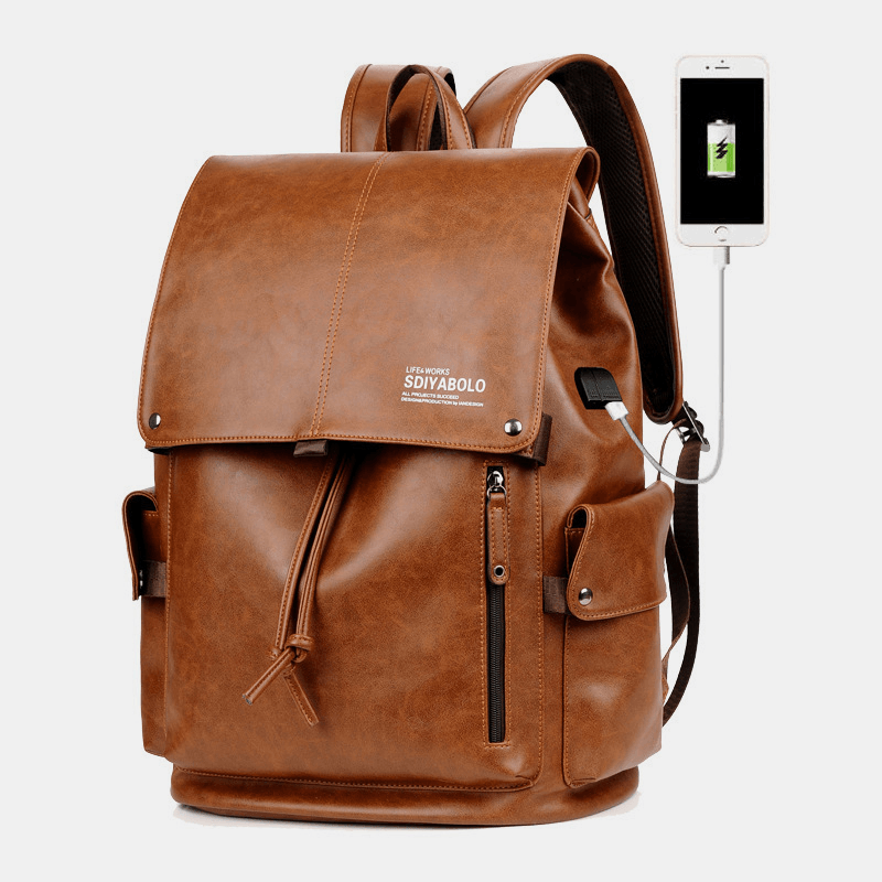 Men Faux Leather Large Capacity Waterproof 13.3 Inch Laptop Bag Travel Bag Backpack with USB Charging - MRSLM