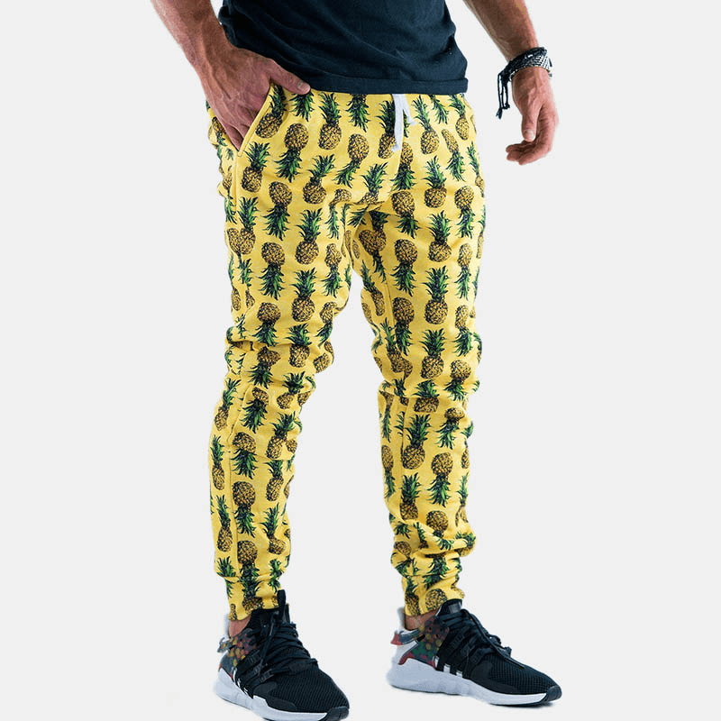 Men Pineapple Printed Hawaiian Style Cotton Casual Pants - MRSLM