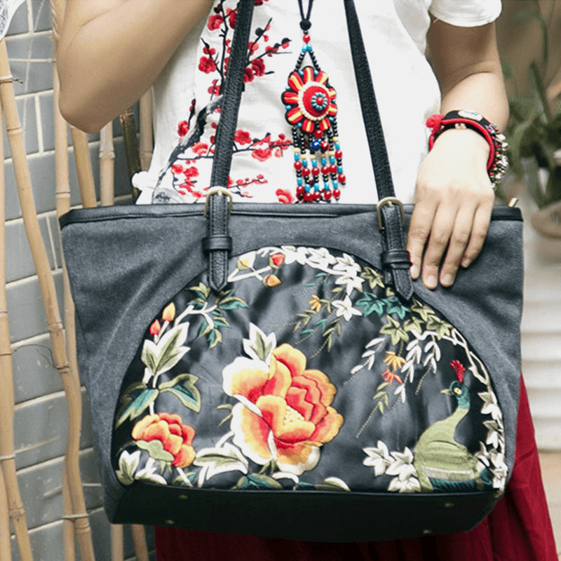 Women Canvas Ethnic Style Embroidered Floral Large Capacity Handbag Shoulder Bag Tote - MRSLM