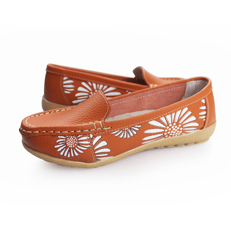 Women Flats Shoes Comfortable Slip-On Soft Casual Flower Floral Leather Loafers Flats Shoes - MRSLM