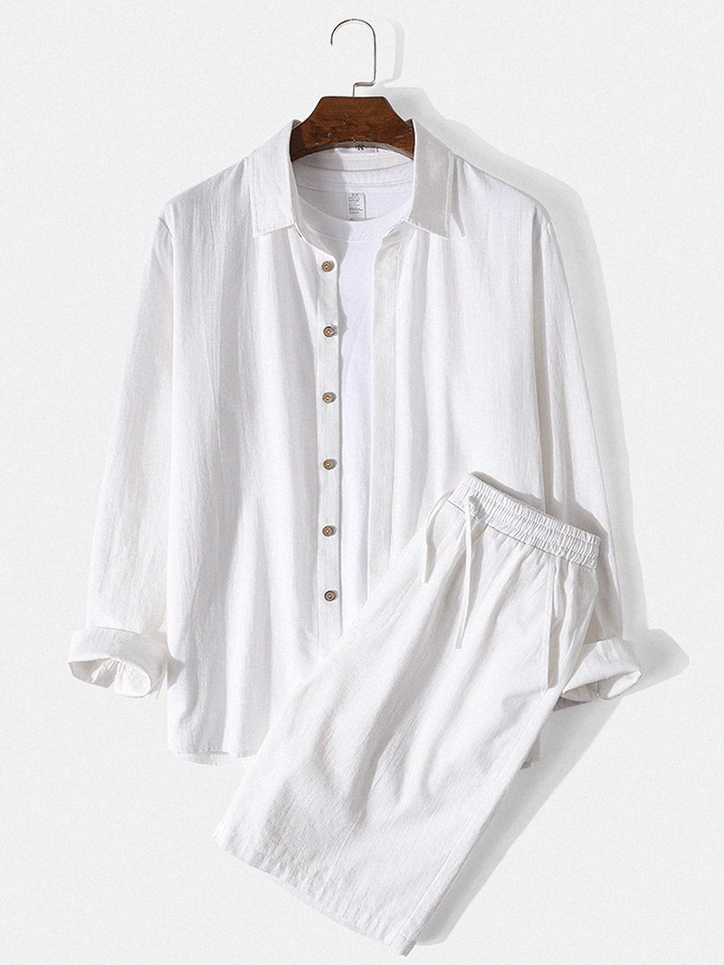 Mens 100% Cotton Solid Color Shirt Drawstring Pocket Shorts Casual Two Piece Sets - MRSLM