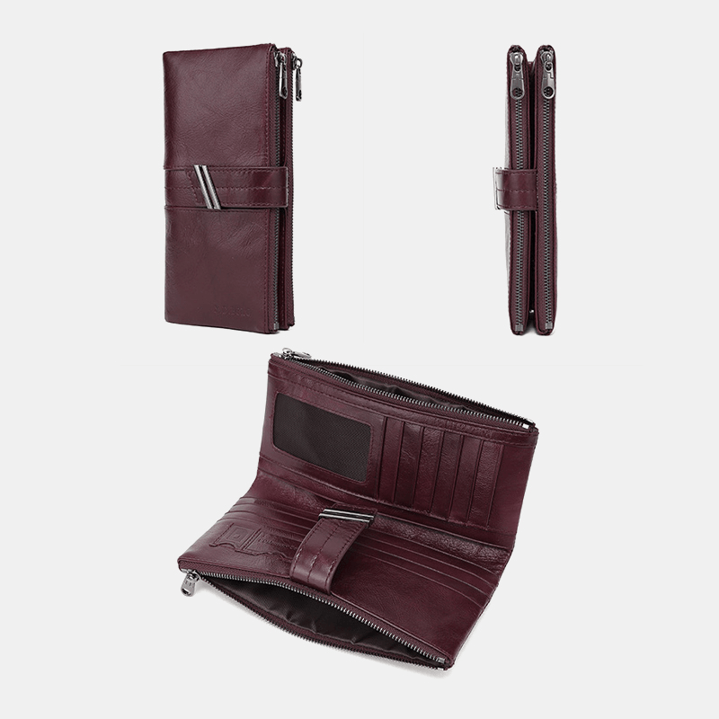 Unisex Genuine Leather Wax Retro Solid Color Double Zipper Clutch Purse Multi-Slot Card Holder Wallet - MRSLM