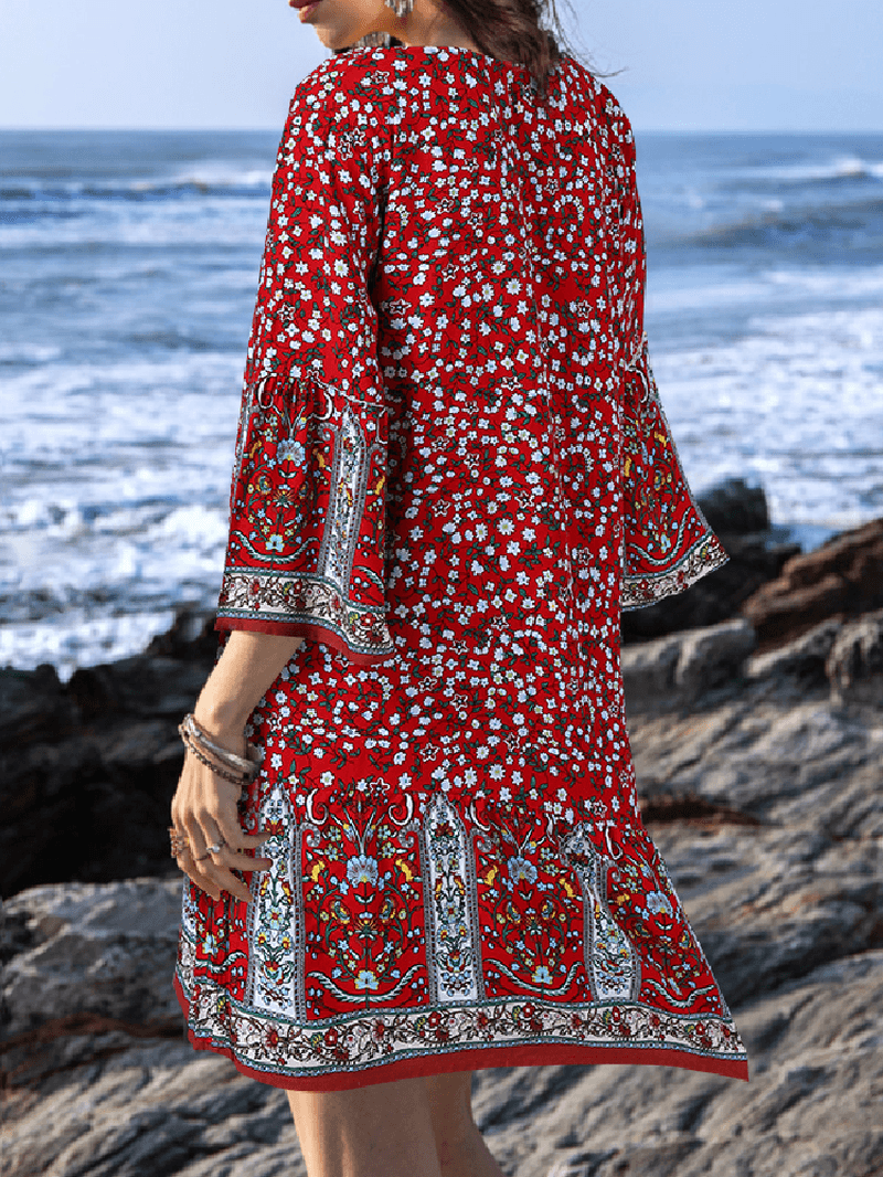 Ethnic Floral Print O-Neck 3/4 Sleeve Ruffles Hem Bohemian Holiday Mini Dress - MRSLM