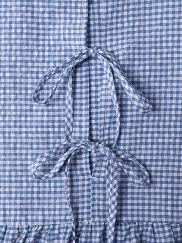 Women Plaid Printed Pleats O-Neck Butterfly Knot Drawstring Loose Shirts - MRSLM
