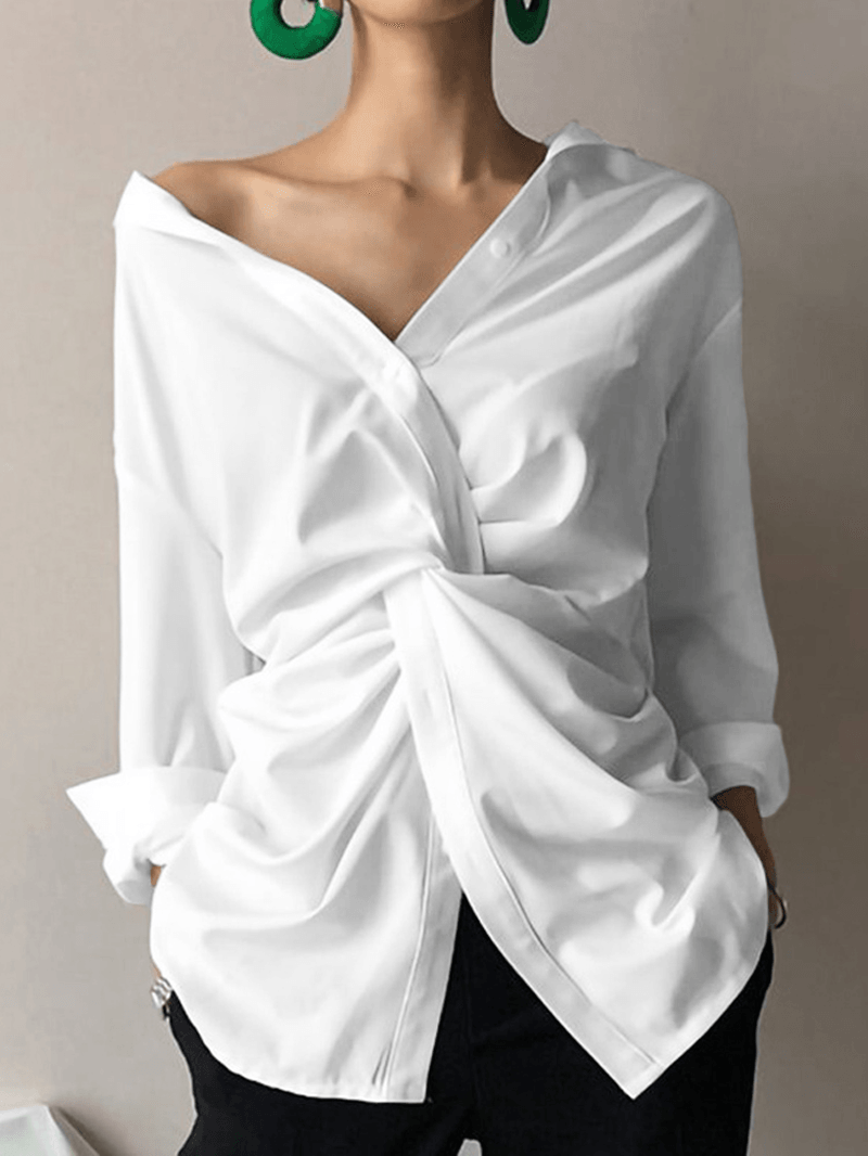 Women Solid Color Button Long Sleeve High Low Hem Casual Blouse - MRSLM