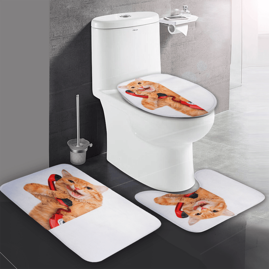 3PCS Toilet Seat Covers Funny Cat Bathroom Soft Pedestal Rugs Lid Toilet Covers Bath Mats Carpets - MRSLM
