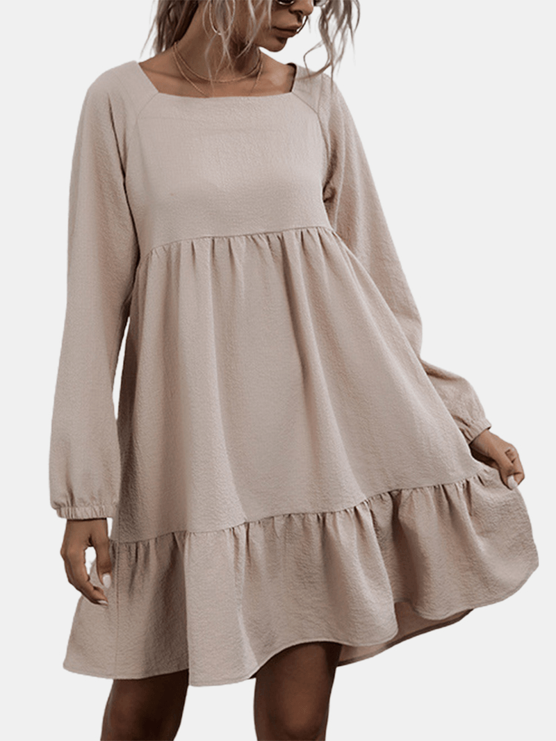 Women Brief Style Solid Color Bowknot Ruffle Long Sleeves Casual Dress - MRSLM