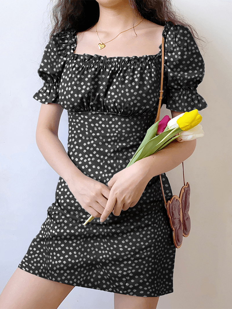 Floral Print Square Collar Pleating Short Sleeve Mini Dress - MRSLM