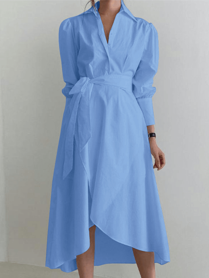 Women Vintage Irregular Hem Lapel Solid Color Cotton Lace-Up Long Sleeve Dress - MRSLM
