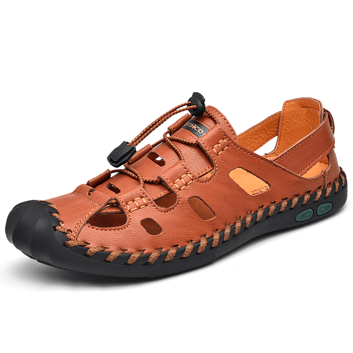Men Cowhide Hollow Out Hand Stitching Soft Sole Non Slip Comfy Casual Outdoor Sandals - MRSLM