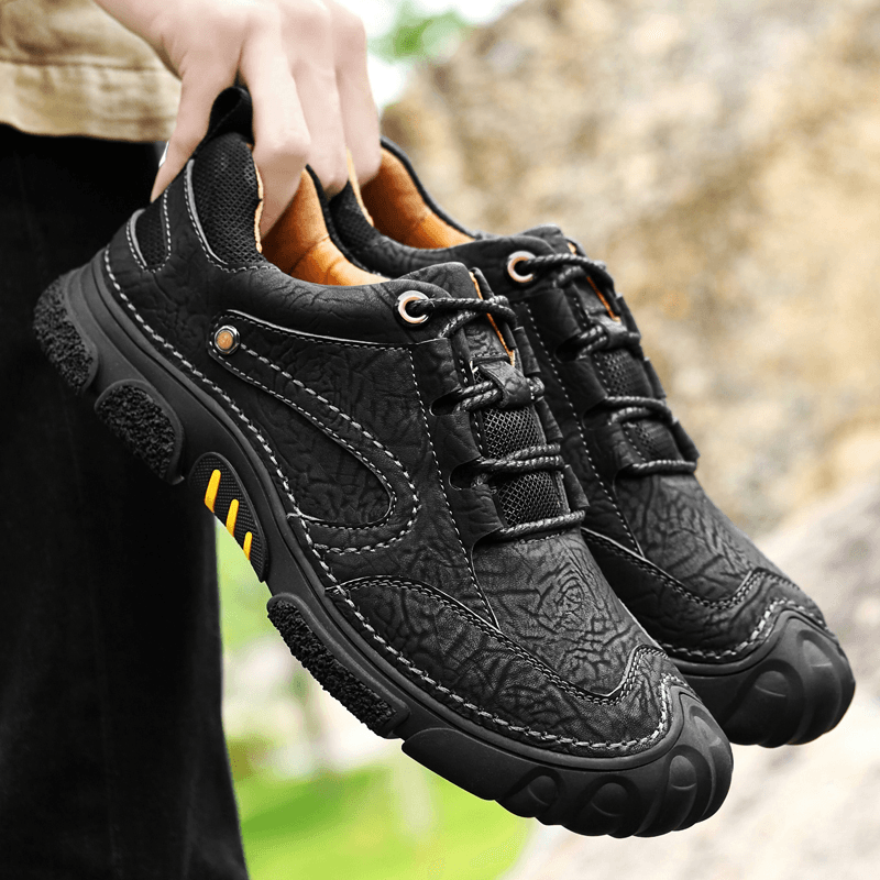 Men Genuine Leather Breathable Hand Stitching Comfy Soft Sole Lace up Casual Outdoor Shoes - MRSLM