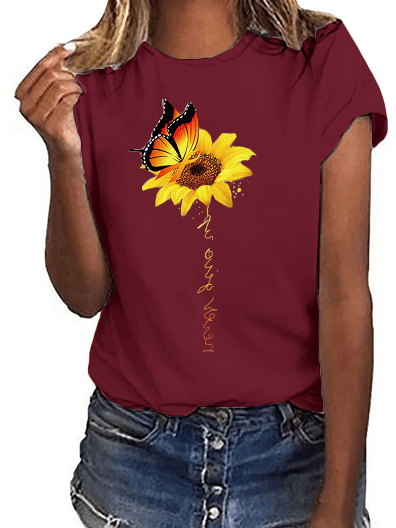 Sunflower and Butterfly Print Crew Neck Short Sleeves Casual Tee - MRSLM