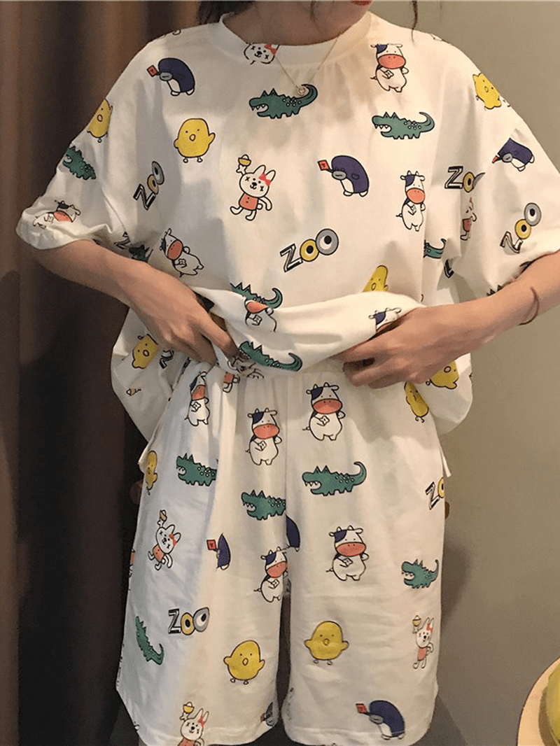 Women Funny Cartoon Animal Print Short Sleeve Two Piece Home Casual Pajama Set - MRSLM
