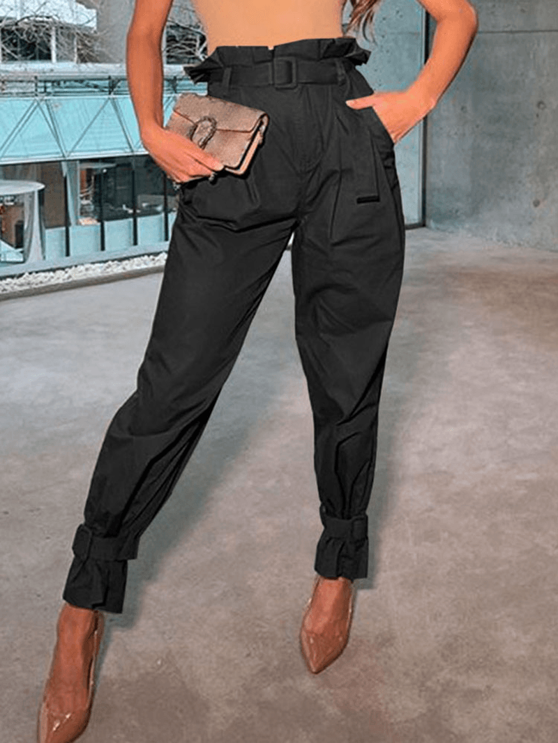Women Solid Color Belted Cuff Casual High Waist Cargo Pants with Pocket - MRSLM