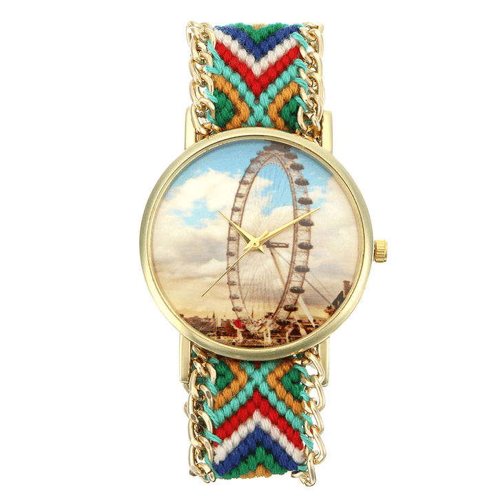 Custom Folk Style Women Watch Ferris Wheel Alloy Case Knitted Fabric Strap Casual Retro Quartz Wrist Watch - MRSLM
