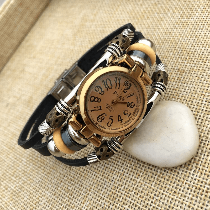 Deffrun Vintage Simple Dial Women Bracelet Watch Alloy Case Multilayer Quartz Watch - MRSLM