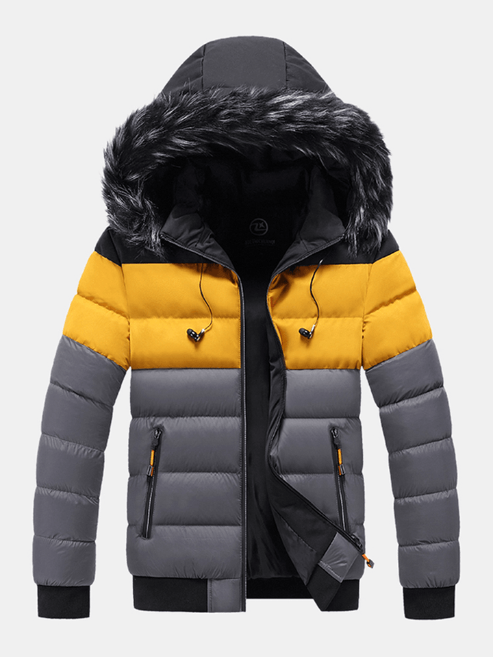 Mens Color Block Patchwork Thick Faux Fur Hooded Puffer Jacket with Pocket - MRSLM