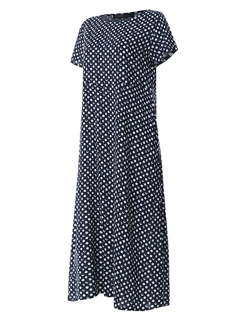 Crewneck Polka Dot Print Short Sleeve Midi Dress - MRSLM