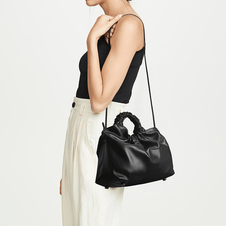 Women PU Leather Solid Color Shell-Shape Ruched Bag Handbag Satchel Bag Shoulder Bag Crossbody Bag - MRSLM
