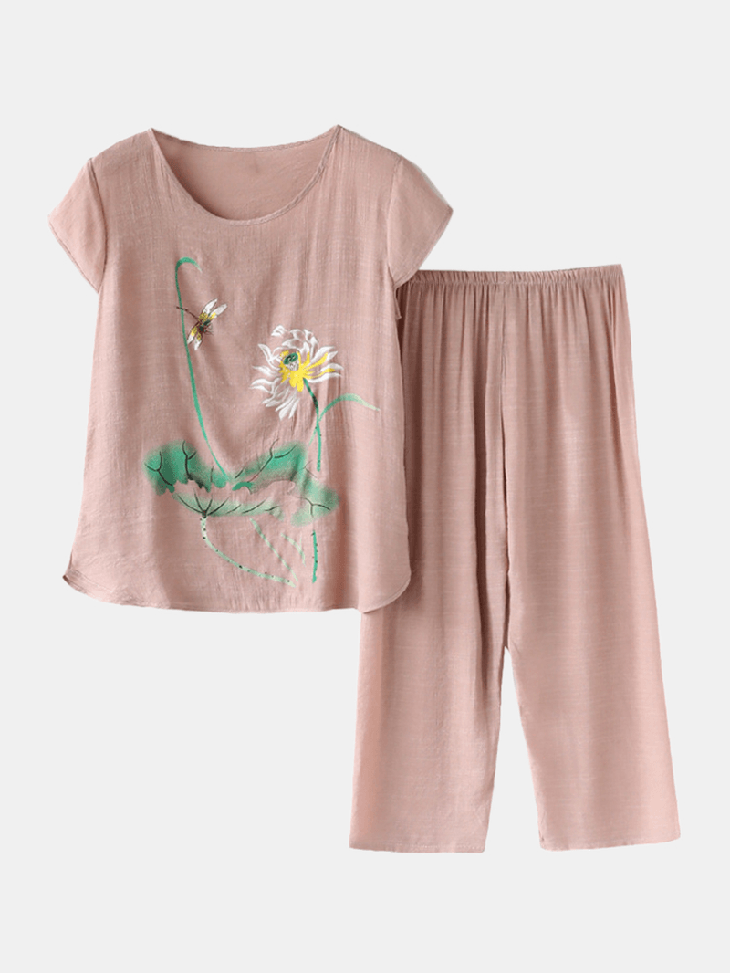 Women Plants Print plus Size Pajamas Soft Breathable Summer Loungewear - MRSLM