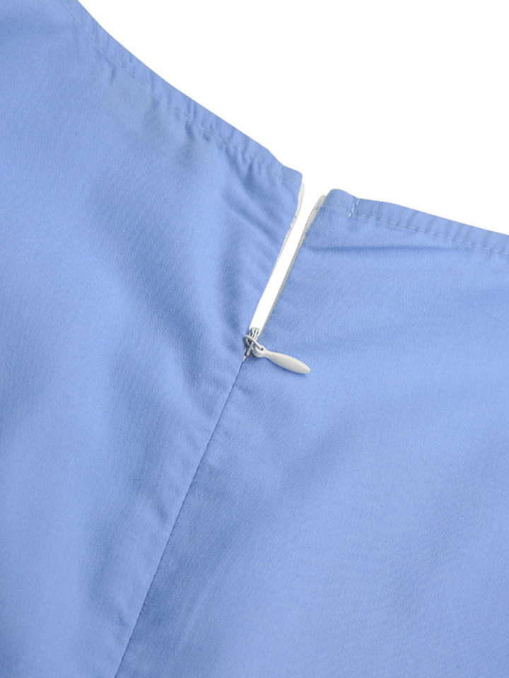 Solid Color V-Neck Back Zipper Long Sleeve Pleating Maxi Shirt Dress - MRSLM