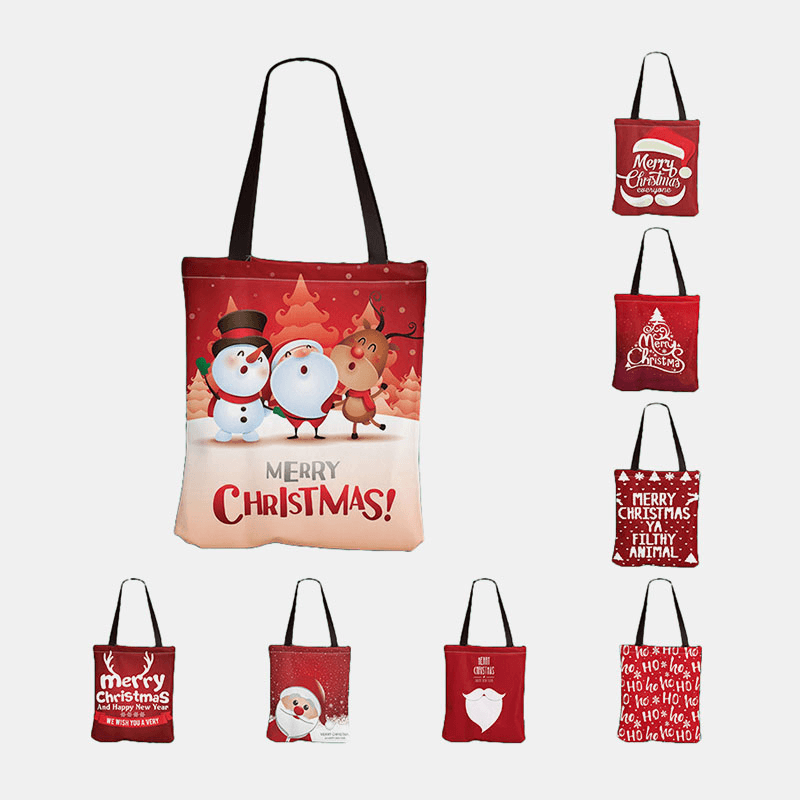 Women Canvas Festive Christmas Elk Santa Claus Print Pattern Daily Casual Handbag Shoulder Bag - MRSLM