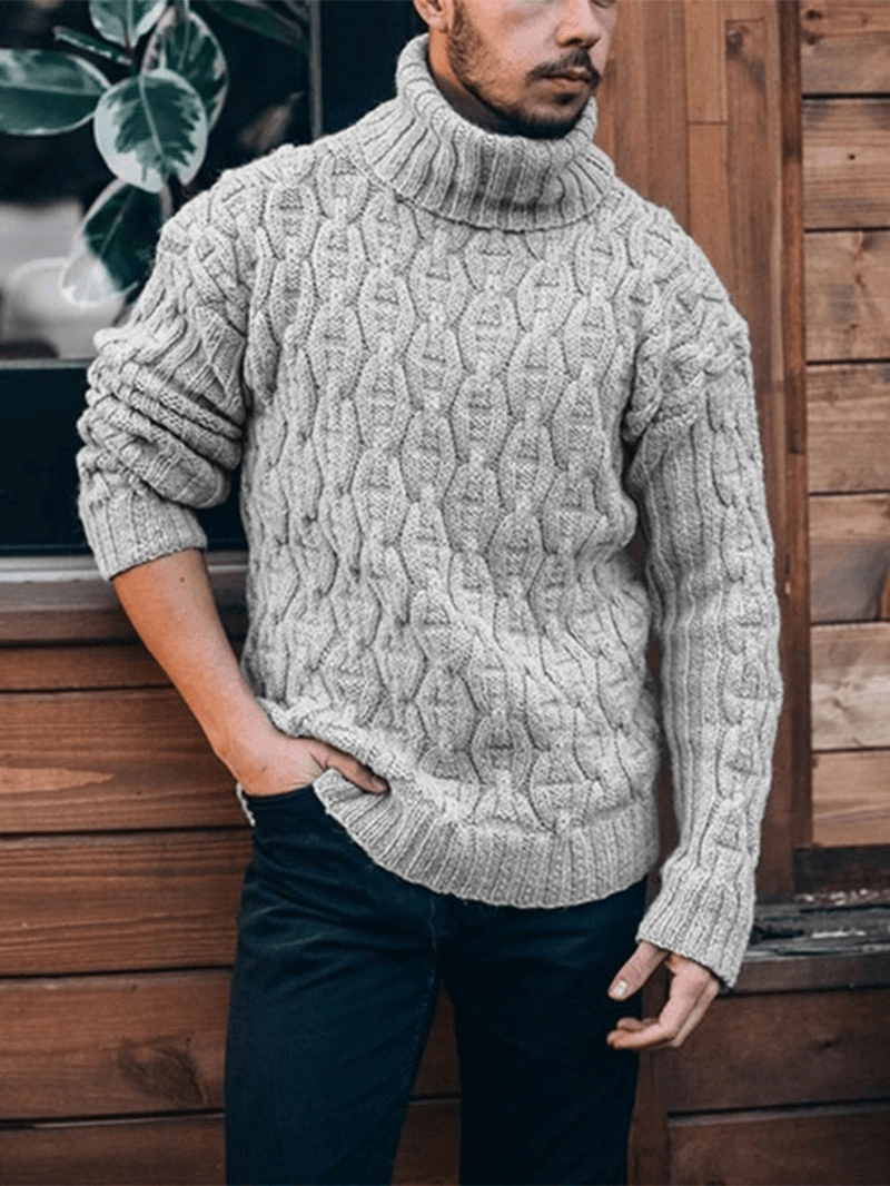Mens Solid Color Twisted Cable Knit High Neck Slim Fit Casual Sweater - MRSLM
