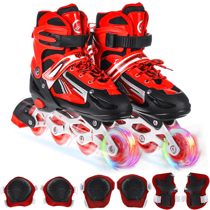 Professional Adjustable Inline Skates Sneakers Roller Blades with 1 Flashing Wheel Protective Gear Set for Kids Teen Adult - MRSLM