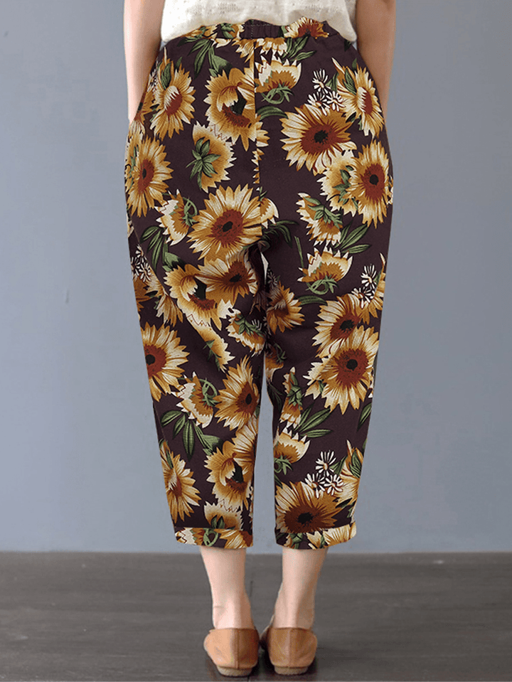 Women Sunflower Daisy Floral Print Cotton Casual Pants with Side Pockets - MRSLM