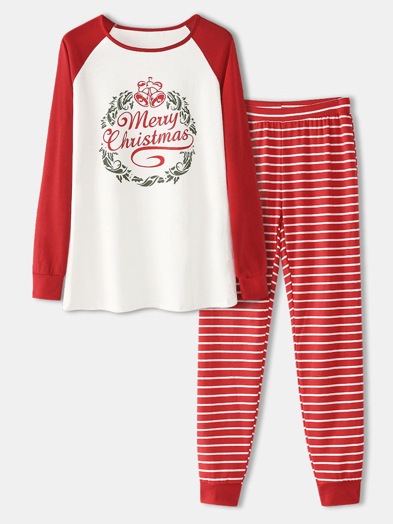 Women Christmas Raglan Sleeves Long Sleeve Pullover Stripe Jogger Pants Cozy Home Two Piece Pajama Set - MRSLM