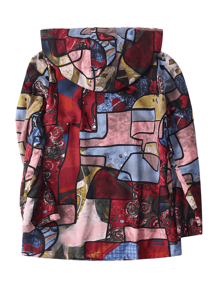 Vintage Women Winter Full Sleeve Abstract Printed Button Hooded Coats - MRSLM